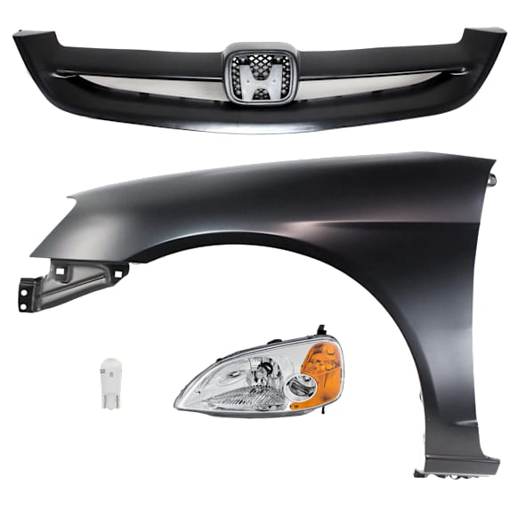 4-Piece Kit Driver Side LED Headlight, Includes (1) Fender, (1) Grille Assembly, (1) Headlight, and (1) Light Bulb