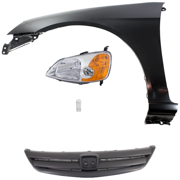 4-Piece Kit Driver Side LED Headlight, Includes (1) Fender, (1) Grille Assembly, (1) Headlight, and (1) Light Bulb