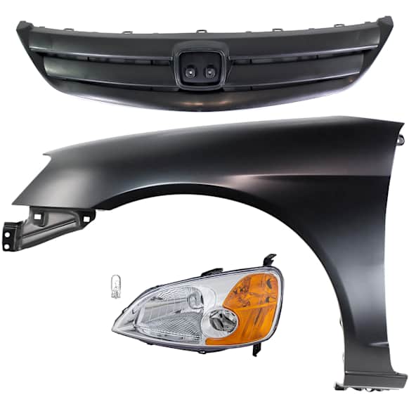 4-Piece Kit Driver Side Halogen Headlight, Includes (1) Fender, (1) Grille Assembly, (1) Headlight, and (1) Light Bulb
