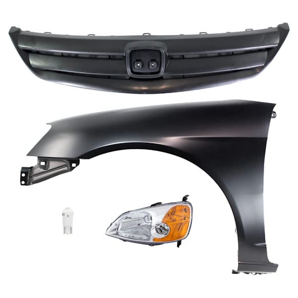 4-Piece Kit Driver Side LED Headlight, Includes (1) Fender, (1) Grille Assembly, (1) Headlight, and (1) Light Bulb