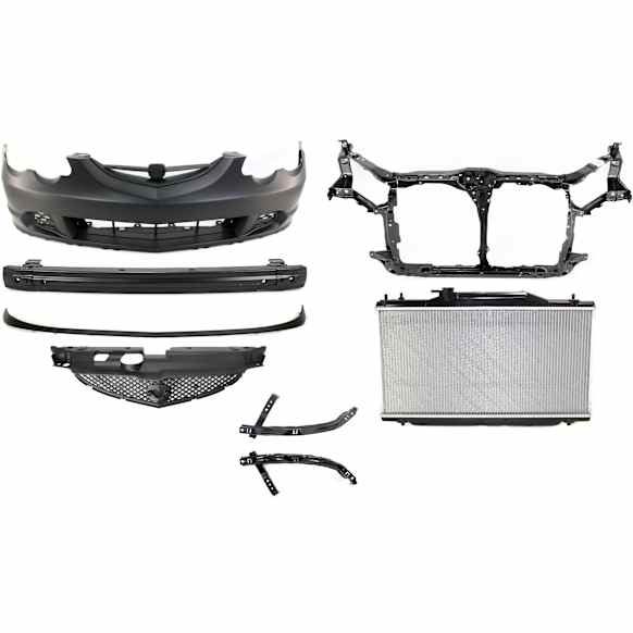 8-Piece Kit, Front Primed Bumper Cover, Includes (2) Bumper Bracket, (1) Bumper Cover, (1) Bumper Reinforcement, (1) Grille, (1) Radiator, (1) Radiator Support, and (1) Valance