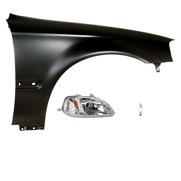 3-Piece Kit Passenger Side Halogen Headlight, Includes (1) Fender, (1) Headlight, and (1) Light Bulb