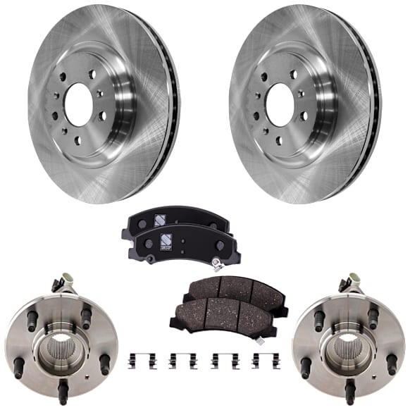 2-Wheel Set Front, Driver and Passenger Side Wheel Hub, Includes (2) Brake Disc, (1) Brake Pad Set, and (2) Wheel Hub