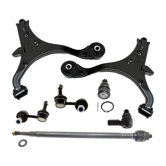 7-Piece Kit Front, Driver and Passenger Side, Lower Control Arm, Includes (1) Ball Joint, (2) Control Arm, (2) Sway Bar Link, and (2) Tie Rod End