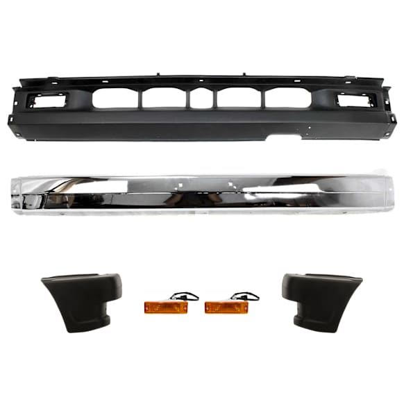 1993 Mazda B2200 - 6-Piece Kit Front, Center Bumper, RWD, For Models Without Bumper End Caps, Chrome, Includes (1) Bumper, (2) Bumper End, (2) Turn Signal Light, and (1) Valance