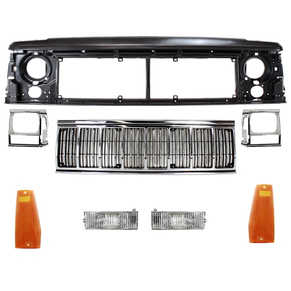 1996 Jeep Cherokee - 8-Piece Kit Header Panel,  Includes (1) Grille Assembly, (1) Header Panel, (2) Headlight Door, (2) Side Marker, and (2) Turn Signal Light