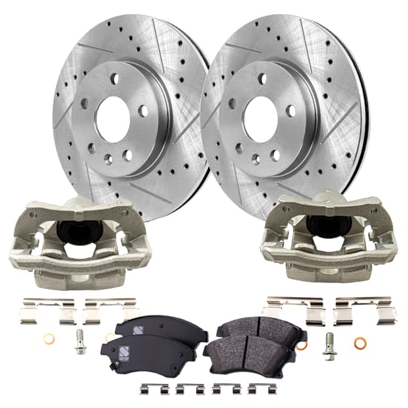 2-Wheel Set Front Brake Kit With Calipers, Cross-drilled and Slotted 276 mm Organic FWD, Includes (2) Brake Caliper, (1) Brake Pad Set and (2) Brake Disc