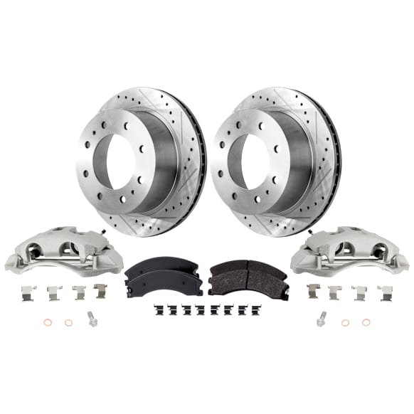 2-Wheel Set Rear Brake Kit With Calipers, Cross-drilled and Slotted 357.12 mm Semi-metallic, Includes (2) Brake Caliper, (1) Brake Pad Set and (2) Brake Disc