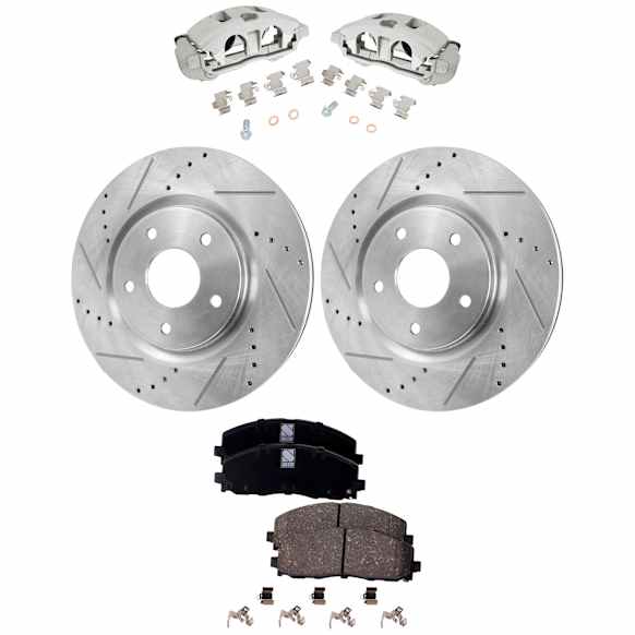 2-Wheel Set Front Brake Kit With Calipers, Cross-drilled and Slotted 329.95 mm Ceramic FWD, Includes (2) Brake Caliper, (2) Brake Disc and (1) Brake Pad Set