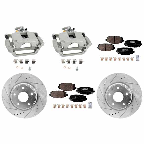 2-Wheel Set Rear Brake Kit With Calipers, Cross-drilled and Slotted 327.91 mm Ceramic FWD, Includes (2) Caliper, (2) Disc, and (1) Pad Set
