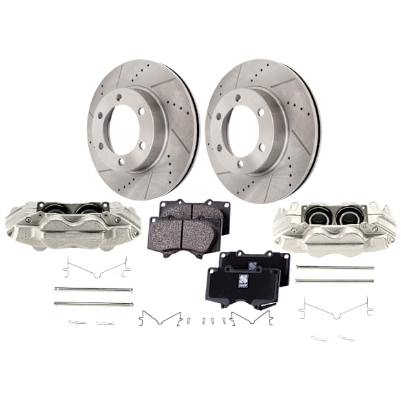 2-Wheel Set Front Brake Kit With Calipers, Cross-drilled and Slotted 318.77 mm Ceramic, Includes (2) Brake Caliper, (1) Brake Pad Set and (2) Brake Disc