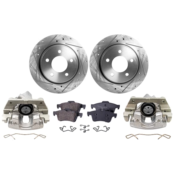 2-Wheel Set Rear Brake Kit With Calipers, Cross-drilled and Slotted 279.91 mm Organic FWD, Includes (2) Caliper, (2) Disc, and (1) Pad Set