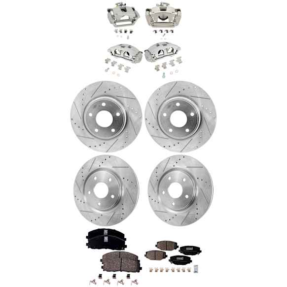4-Wheel Set Front and Rear Brake Kit With Calipers, Cross-drilled and Slotted Front-329.95 mm/Rear-327.91 mm Ceramic FWD, Includes (4) Caliper, (4) Disc, and (2) Pad Set