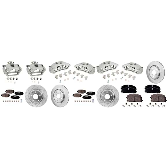4-Wheel Set Front and Rear Brake Kit With Calipers, Front-Plain Surface/Rear-Cross-drilled and Slotted Front-329.95 mm/Rear-327.91 mm Ceramic FWD, Includes (4) Caliper, (4) Disc, and (2) Pad Set