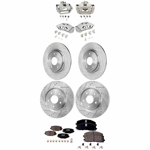 4-Wheel Set Front and Rear Brake Kit With Calipers, Front-Cross-drilled and Slotted/Rear-Plain Surface Front-329.95 mm/Rear-327.91 mm Ceramic FWD, Includes (4) Caliper, (4) Disc, and (2) Pad Set