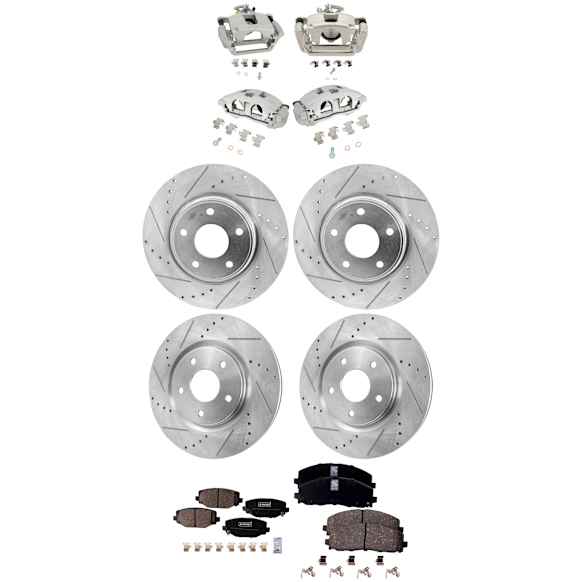 4-Wheel Set Front and Rear Brake Kit With Calipers, Cross-drilled and Slotted Front-329.95 mm/Rear-327.91 mm Ceramic FWD, Includes (4) Caliper, (4) Disc, and (2) Pad Set