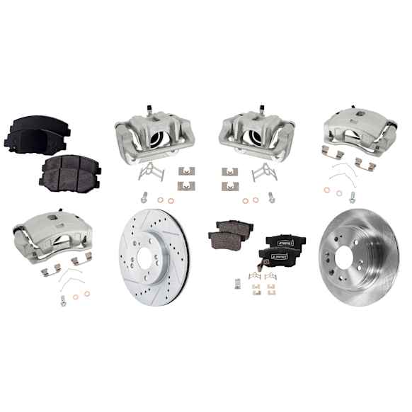 4-Wheel Set Front and Rear Brake Kit With Calipers, Front-Cross-drilled and Slotted/Rear-Plain Surface Front-281.94 mm/Rear-281.69 mm Ceramic, Includes (4) Caliper, (4) Disc, and (2) Pad Set