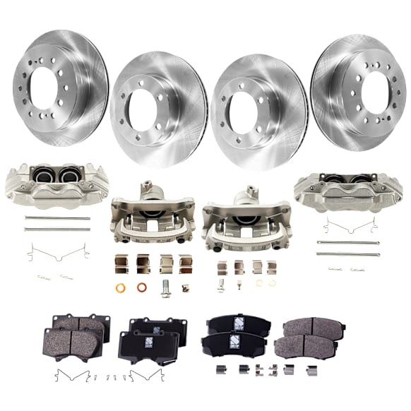 4-Wheel Set Front and Rear Brake Kit With Calipers, Plain Surface Front-318.77 mm/Rear-311.91 mm Ceramic, Includes (4) Brake Caliper, (4) Brake Disc and (2) Brake Pad Set