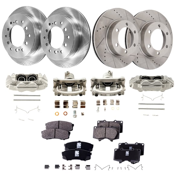 4-Wheel Set Front and Rear Brake Kit With Calipers, Front-Cross-drilled and Slotted/Rear-Plain Surface Front-318.77 mm/Rear-311.91 mm Ceramic, Includes (4) Caliper, (4) Disc and (2) Pad Set
