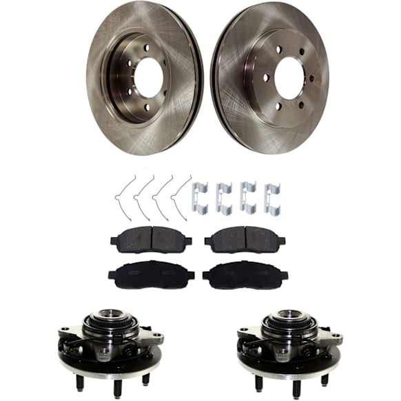 2-Wheel Set Front, Driver and Passenger Side Wheel Hub, 6 Lugs, 4WD, Production Date From November 29, 2004, With Bearing, With Sensor, includes (2) Brake Disc, (1) Brake Pad Set, and (2) Wheel Hub