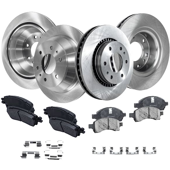 4-Wheel Set Front and Rear Brake Disc and Pad Kit, Plain Surface 6 Lugs Front-302.01 mm/Rear-325.12 mm Front-Ceramic/Rear-Semi-Metallic Pro-Line Series, Includes (2) Brake Pad Set and (4) Brake Disc