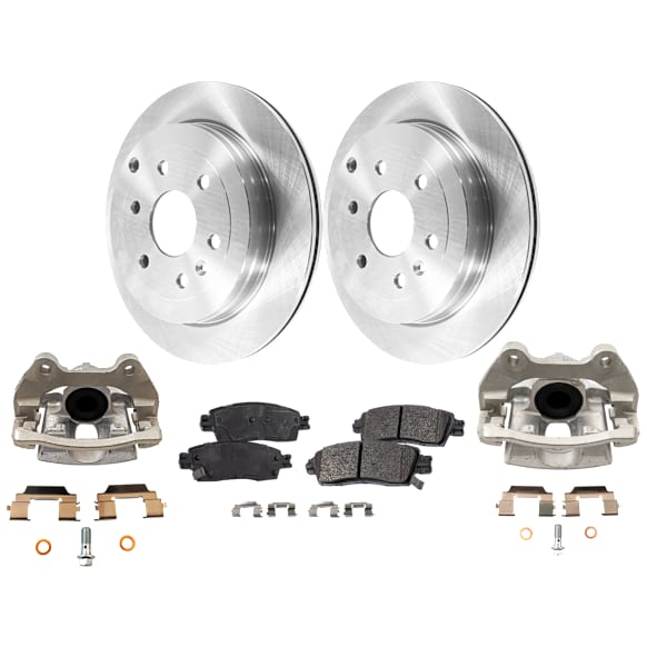 2-Wheel Set Rear Brake Kit With Calipers, Plain Surface 6 Lugs 330.96 mm Ceramic, Includes (2) Brake Caliper, (1) Brake Pad Set and (2) Brake Disc