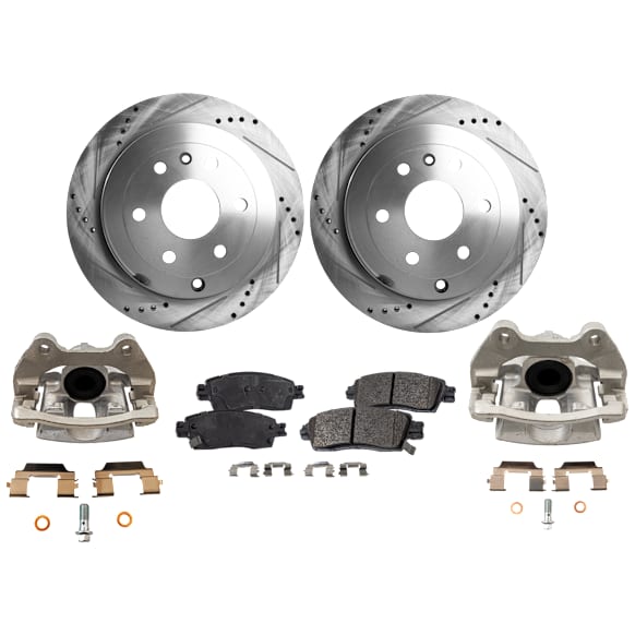 2-Wheel Set Rear Brake Kit With Calipers, Cross-drilled and Slotted 6 Lugs 330.96 mm Ceramic, Includes (2) Brake Caliper, (2) Brake Disc and (1) Brake Pad Set