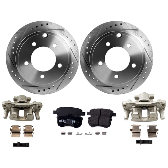 2-Wheel Set Rear Brake Kit With Calipers, Cross-drilled and Slotted 5 Lugs 262 mm Ceramic, Includes (2) Brake Caliper, (2) Brake Disc and (1) Brake Pad Set