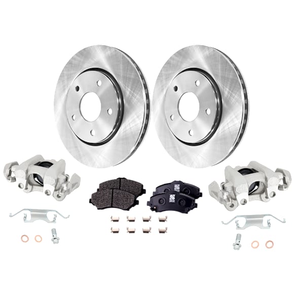 2-Wheel Set Front Brake Kit With Calipers, Plain Surface 5 Lugs 302.01 mm Semi-metallic, Includes (2) Brake Caliper, (2) Brake Disc and (1) Brake Pad Set
