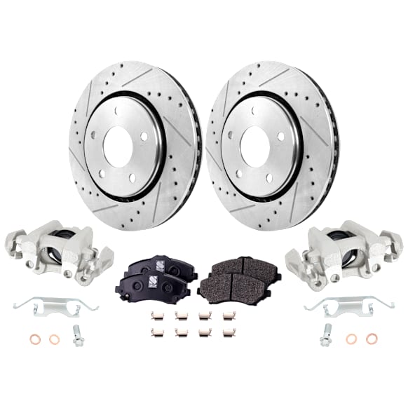 2-Wheel Set Front Brake Kit With Calipers, Cross-drilled and Slotted 5 Lugs 302 mm Semi-metallic, Includes (2) Brake Caliper, (2) Brake Disc and (1) Brake Pad Set