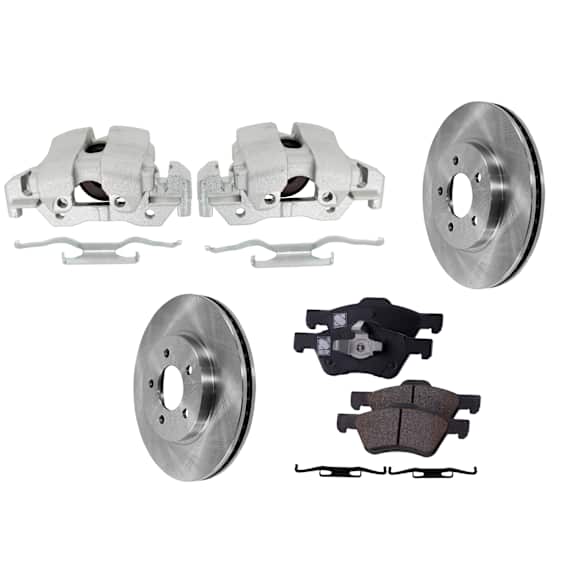 2-Wheel Set Front Brake Kit With Calipers, Plain Surface 5 Lugs 302.77 mm Ceramic, Includes (2) Brake Caliper, (2) Brake Disc and (1) Brake Pad Set