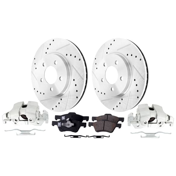 2-Wheel Set Front Brake Kit With Calipers, Cross-drilled and Slotted 5 Lugs 302.9 mm Ceramic, Includes (2) Brake Caliper, (2) Brake Disc and (1) Brake Pad Set