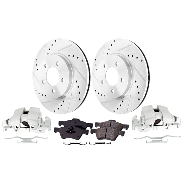 2-Wheel Set Front Brake Kit With Calipers, Cross-drilled and Slotted 5 Lugs 302.9 mm Ceramic, Includes (2) Brake Caliper, (2) Brake Disc and (1) Brake Pad Set