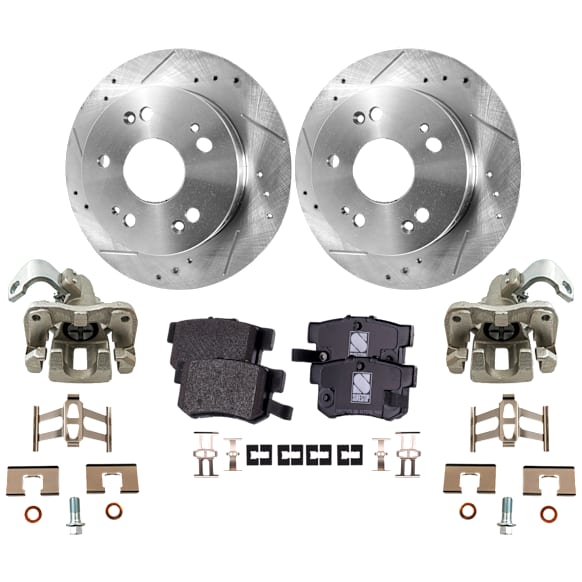 2-Wheel Set Rear Brake Kit With Calipers, Cross-drilled and Slotted 5 Lugs 259.59 mm Ceramic FWD, Includes (2) Brake Caliper, (1) Brake Pad Set and (2) Brake Disc