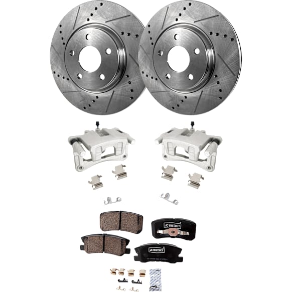 2-Wheel Set Rear Brake Kit With Calipers, Cross-drilled and Slotted 5 Lugs 302 mm Ceramic, Includes (2) Caliper, (2) Disc, and (1) Pad Set