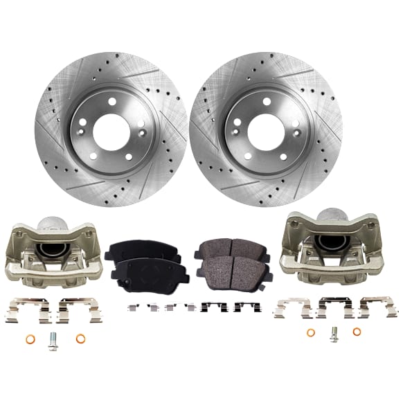 2-Wheel Set Front Brake Kit With Calipers, Cross-drilled and Slotted 5 Lugs 300 mm Ceramic FWD, Includes (2) Brake Caliper, (2) Brake Disc and (1) Brake Pad Set