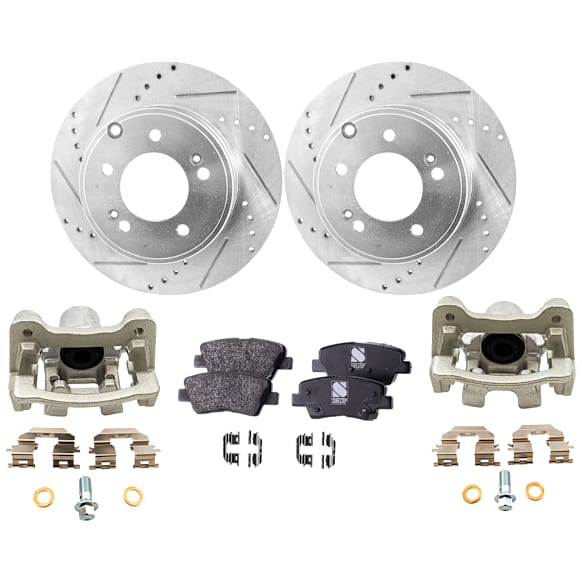 2-Wheel Set Rear Brake Kit With Calipers, Cross-drilled and Slotted 5 Lugs 282.96 mm Organic FWD, Includes (2) Brake Caliper, (1) Brake Pad Set and (2) Brake Disc