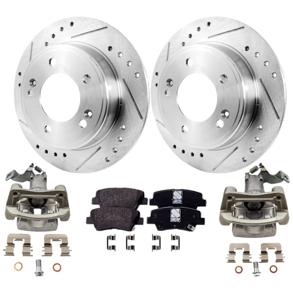 2-Wheel Set Rear Brake Kit With Calipers, Cross-drilled and Slotted 5 Lugs 262 mm Organic FWD, Includes (2) Brake Caliper, (2) Brake Disc and (1) Brake Pad Set