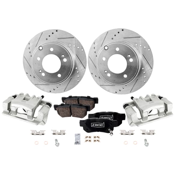 2-Wheel Set Rear Brake Kit With Calipers, Cross-drilled and Slotted 5 Lugs 282.96 mm Ceramic FWD, Includes (2) Caliper, (2) Disc, and (1) Pad Set