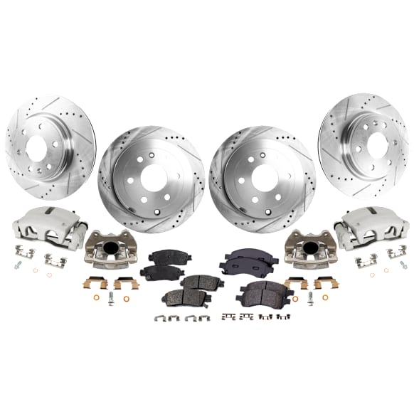 4-Wheel Set Front and Rear Brake Kit With Calipers, Cross-drilled and Slotted 6 Lugs Front-325 mm/Rear-330.96 mm Ceramic, Includes (4) Brake Caliper, (4) Brake Disc and (2) Brake Pad Set