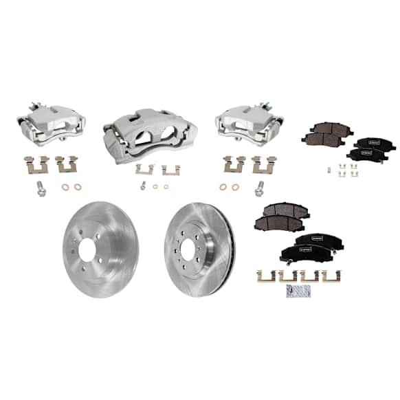 4-Wheel Set Front and Rear Brake Kit With Calipers, Plain Surface, 5 Lugs, Ceramic FWD, Includes (4) Caliper, (4) Disc, and (2) Pad Set
