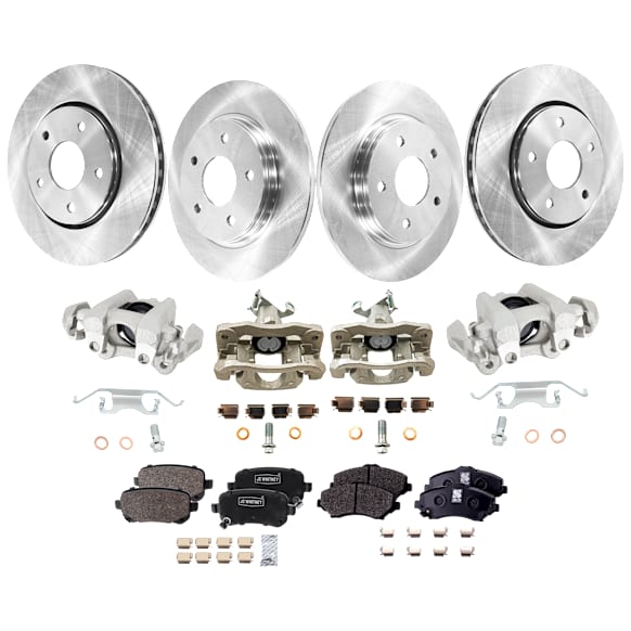 4-Wheel Set Front and Rear Brake Kit With Calipers, Plain Surface 5 Lugs Front-302.01 mm/Rear-305.05 mm Front-Semi-Metallic/Rear-Ceramic, Includes (4) Caliper, (4) Disc, and (2) Pad Set
