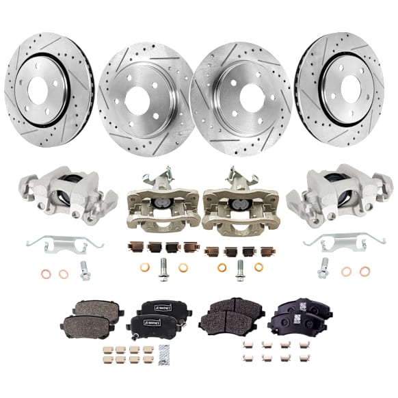 4-Wheel Set Front and Rear Brake Kit With Calipers, Cross-drilled and Slotted 5 Lugs Front-302 mm/Rear-305 mm Front-Semi-Metallic/Rear-Ceramic, Includes (4) Caliper, (4) Disc, and (2) Pad Set