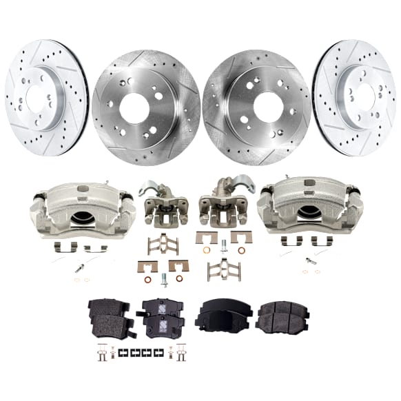 4-Wheel Set Front and Rear Brake Kit With Calipers, Cross-drilled and Slotted 5 Lugs Front-281.94 mm/Rear-259.59 mm Ceramic FWD, Includes (4) Brake Caliper, (2) Brake Pad Set and (4) Brake Disc