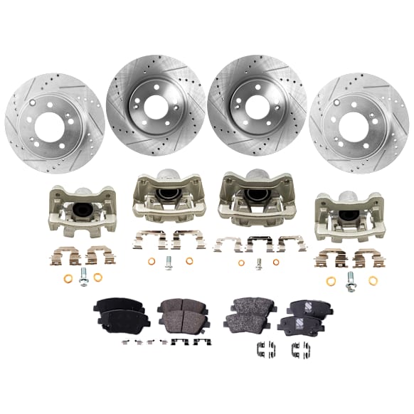 4-Wheel Set Front and Rear Brake Kit With Calipers, Cross-drilled and Slotted 5 Lugs Front-300 mm/Rear-282.96 mm Organic FWD, Includes (4) Brake Caliper, (4) Brake Disc and (2) Brake Pad Set