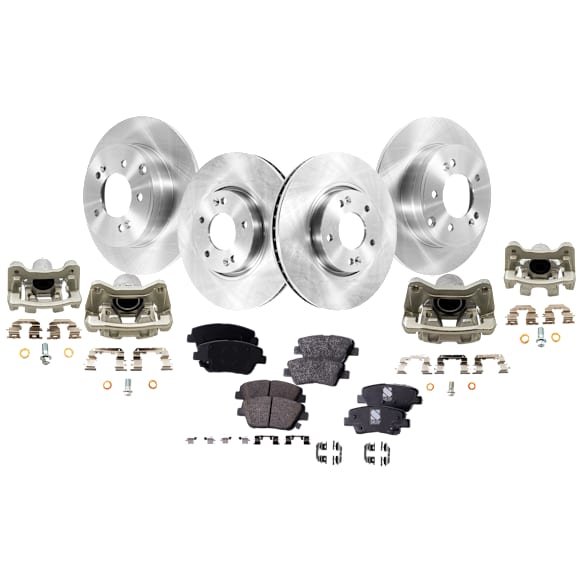 4-Wheel Set Front and Rear Brake Kit With Calipers, Plain Surface, 5 Lugs, Organic FWD