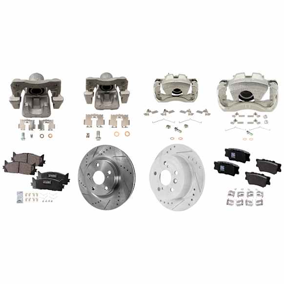 4-Wheel Set Front and Rear Brake Kit With Calipers, Cross-drilled and Slotted 5 Lugs Front-296 mm/Rear-281 mm Ceramic FWD, Includes (4) Caliper, (4) Disc, and (2) Pad Set