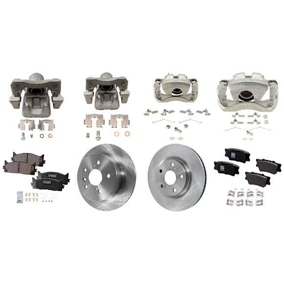 4-Wheel Set Front and Rear Brake Kit With Calipers, Plain Surface, 5 Lugs, Ceramic FWD, Includes (4) Caliper, (4) Disc, and (2) Pad Set