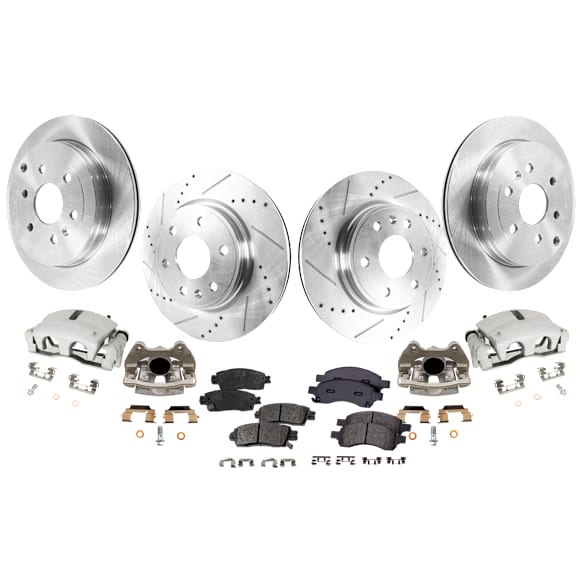 4-Wheel Set Front and Rear Brake Kit With Calipers, Front-Cross-drilled and Slotted/Rear-Plain Surface 6 Lugs Front-325 mm/Rear-330.96 mm Ceramic, Includes (4) Caliper, (4) Disc and (2) Pad Set