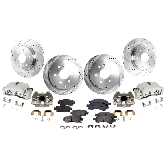 4-Wheel Set Front and Rear Brake Kit With Calipers, Cross-drilled and Slotted 6 Lugs Front-325 mm/Rear-330.96 mm Ceramic, Includes (4) Brake Caliper, (4) Brake Disc and (2) Brake Pad Set